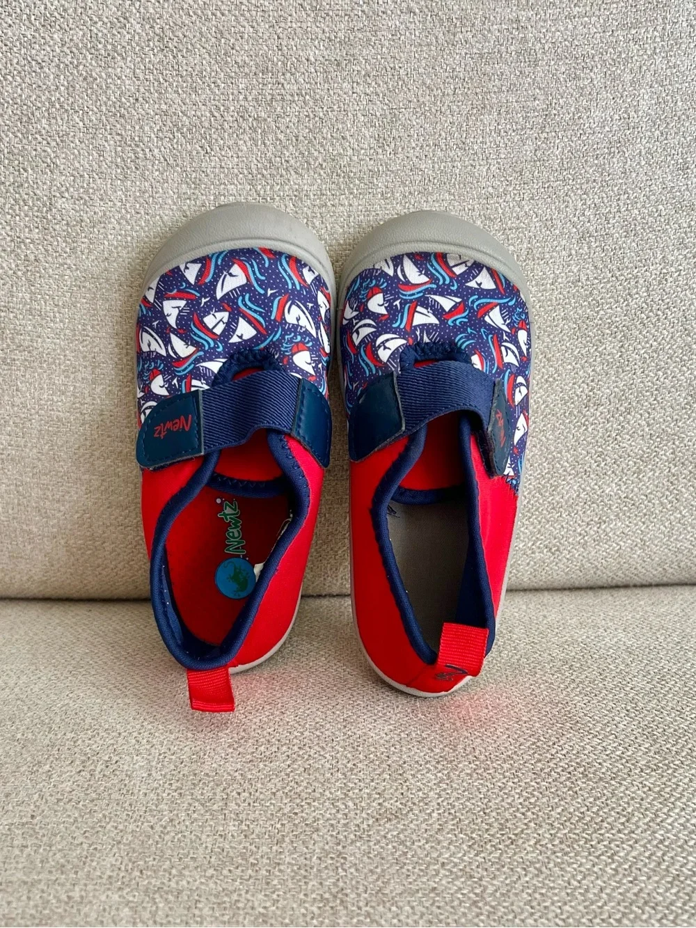 Newtz Size 9/10 Toddler Water Shoes Boat Print Red Navy GUC